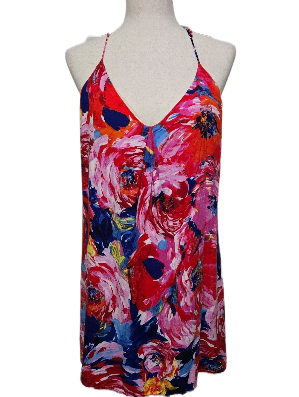 Abbeline Floral V-Neck Racerback Mini Dress L Vibrant Pink Red Tropical Boho